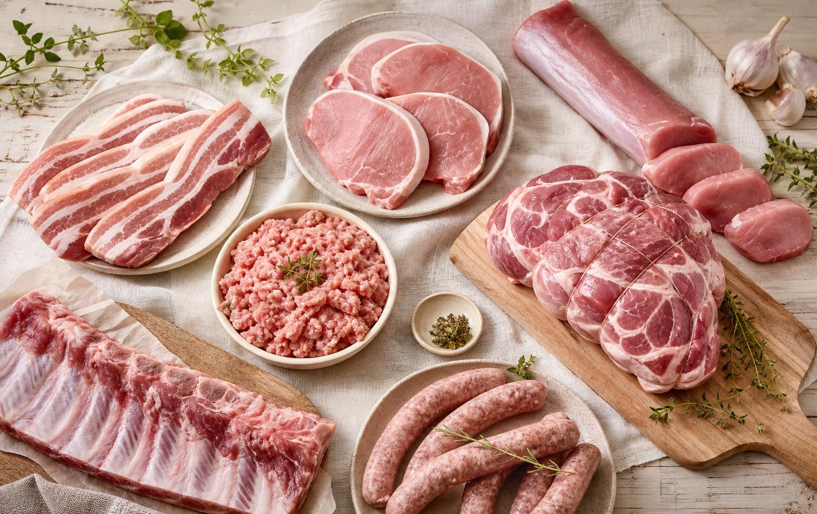 Pasture-raised pork cuts laid out for a build your own 5 lb bundle